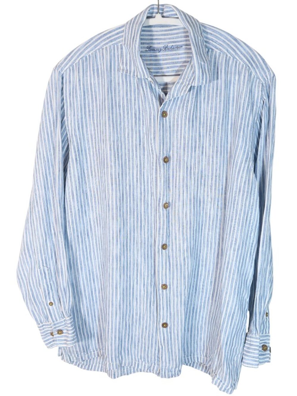 TOMMY BAHAMA 100% Linen Striped Contrast Stitch Button Up Shirt Size M Preppy